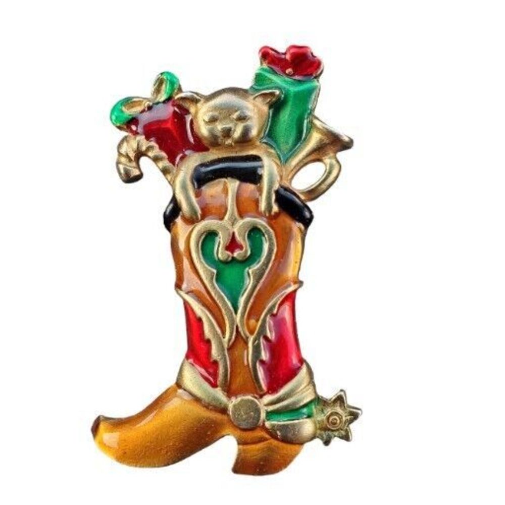Vintage Don Lin Cowboy Boot Cat Christmas Gold Tone Multicolor Brooch Pin 2.25"
